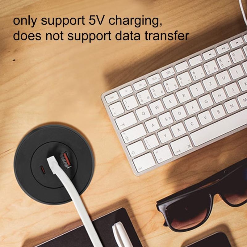 USB Desk Grommet Hole Charging Hub with Two USB & Type C Port Round Embedded USB Adapter for Office Use