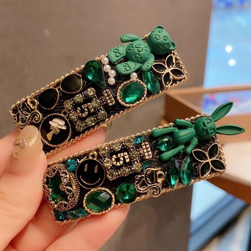 Retro Grün Schwerindustrie Strass Haarspange Herbst und Winter Kleiner Duftiger Stil Mode BB Clip Haaraccessoires Damen