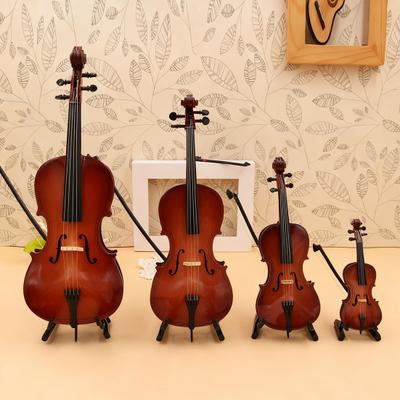 Wooden Mini Violin Model with Stand Playable Tiny Violin Figurine Miniature Musical Instrument Ornament Home Office Desktop Decoration