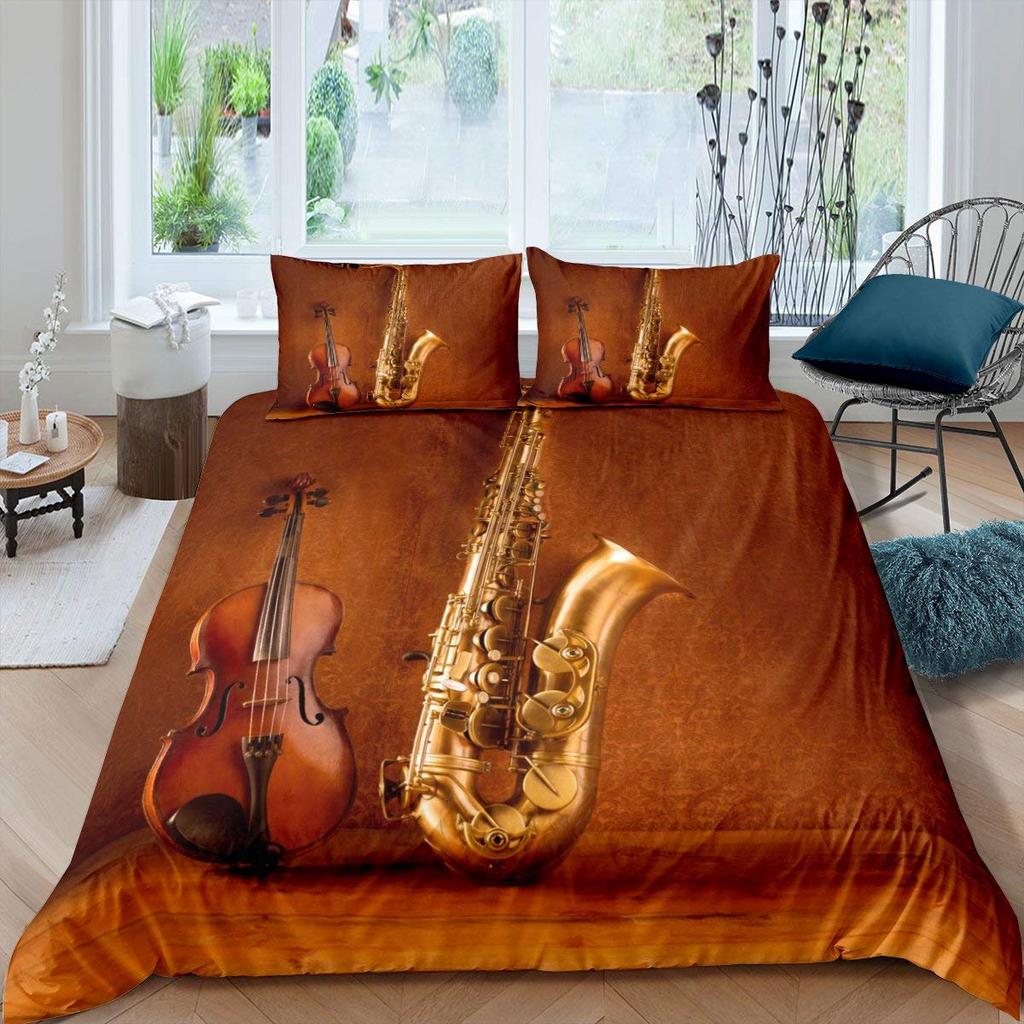 Violin King Queen Duvet Cover Flowers Roses Bedding Set Stringed Instruments Comforter Cover Fashion Music Polyester Quilt Cover