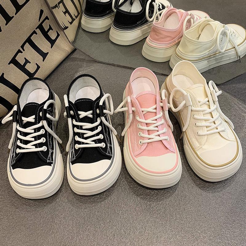 Solid color canvas shoes women's 2025 autumn new fashionable versatile thick-soled heightening non-slip small white shoes single shoes