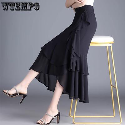 Women's Chiffon Half Length Skirt Fishtail Skirt Summer Medium Long Style Lotus Leaf Edge High Waist Irregular