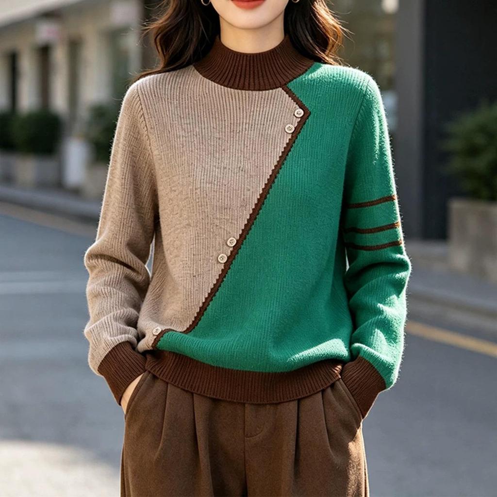 Women's Color-Block Knit Half-High Neck Sweater - Slim Fit, Age-Reducing, Stylish, Cozy Autumn/Winter Top