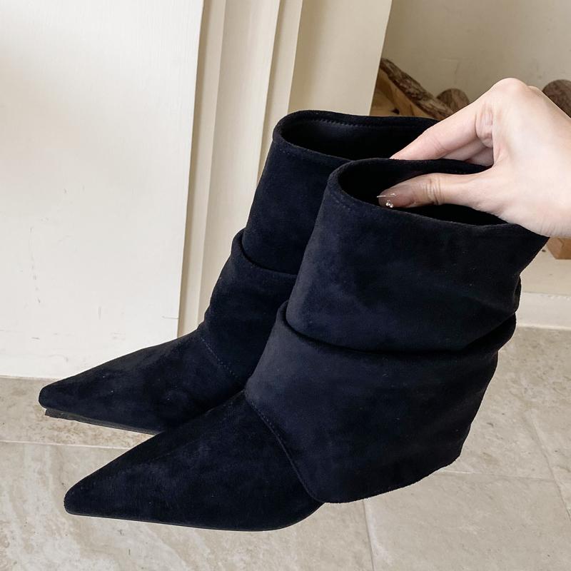 

Sexy Design Pleated Splicing Pointed Toe Women Ankle Boots Fashion Thin High Heels Party Prom Short Booties Shoes 35