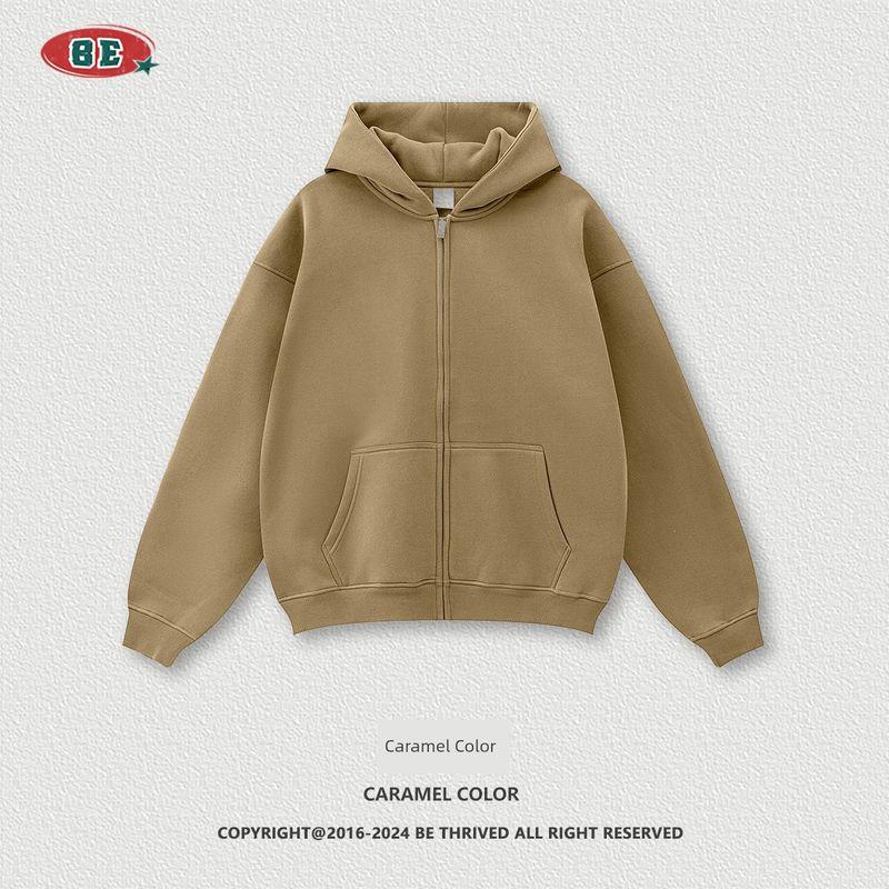 American Street Pure Color Loose Velvet Padded Hooded Sweatshirt Men and Women 2024 Autumn and Winter Fashion Brand Knitting Sports Zipper Outwear