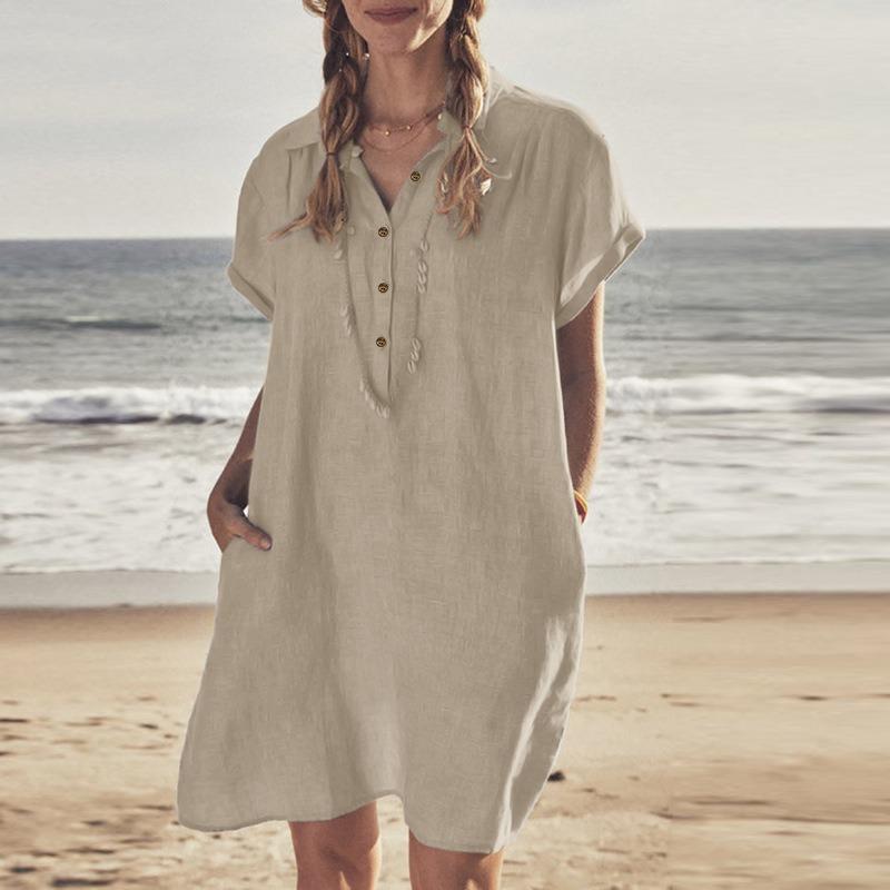 BITCED Fashion Summer Spring POLO Neck Short Sleeve Solid Color Print Casual Dresses