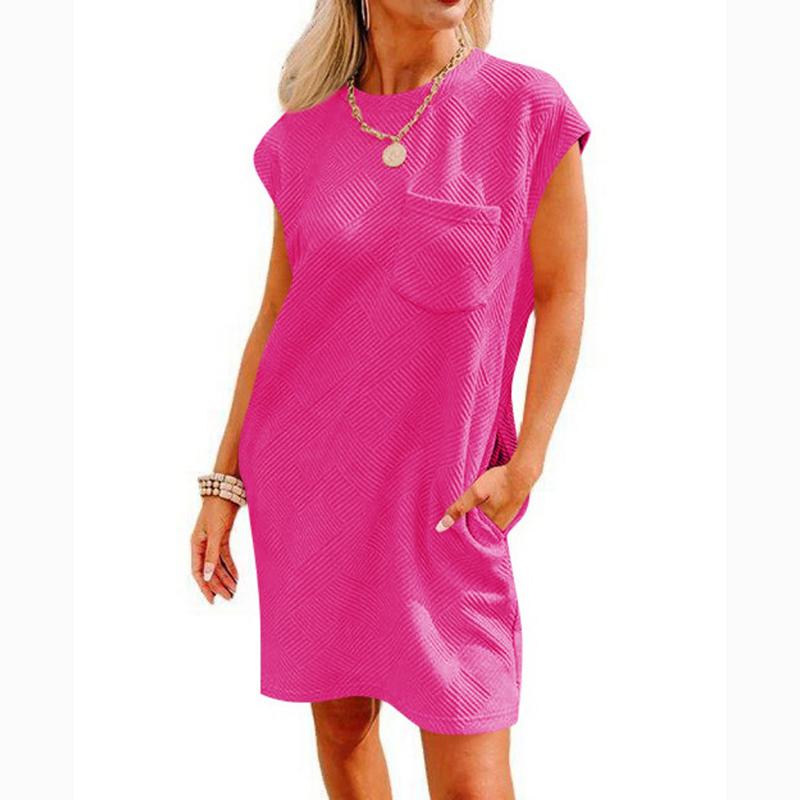 Summer Round Neck Pocket Short Sleeve Dress Women Elegant Loose A Line Pink Short Dress Woman Solid Vintage Casual Party Dresses 24496