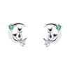 silver earrings with a cat and crescent moon choose your birthstone Women's motif, (May, emerald)