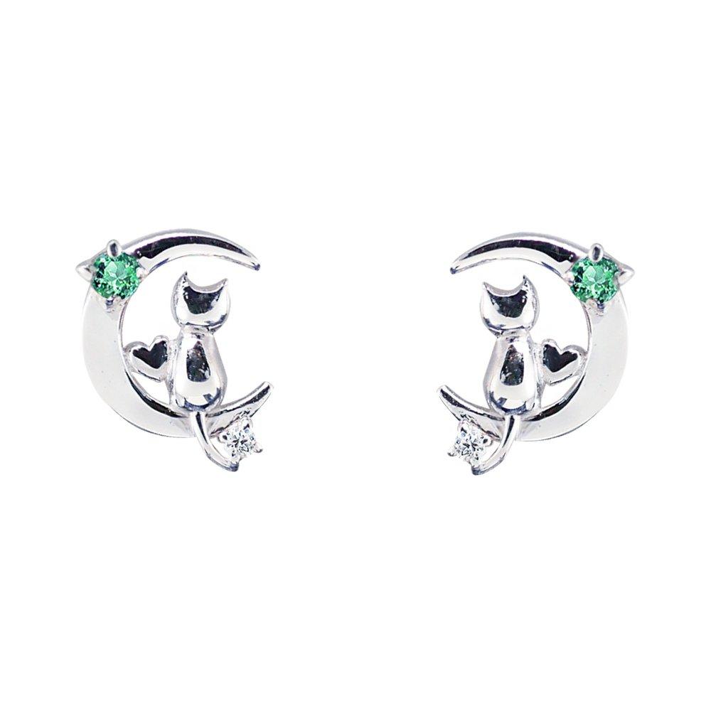 silver earrings with a cat and crescent moon choose your birthstone Women's motif, (May, emerald)