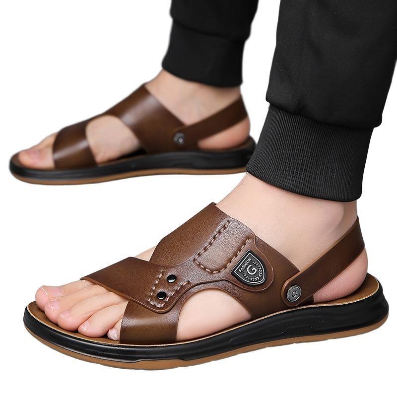 Sandals men's leather beef tendon beach shoes outer wear summer new non-slip soft-soled casual waterproof two-in-one slippers