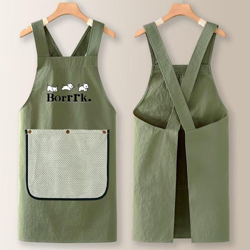 Cute Puppy Print Waterproof Kitchen Apron with Removable Wipe Cloth - Adjustable Cross-Back Cooking Apron for Home/Cafe Use