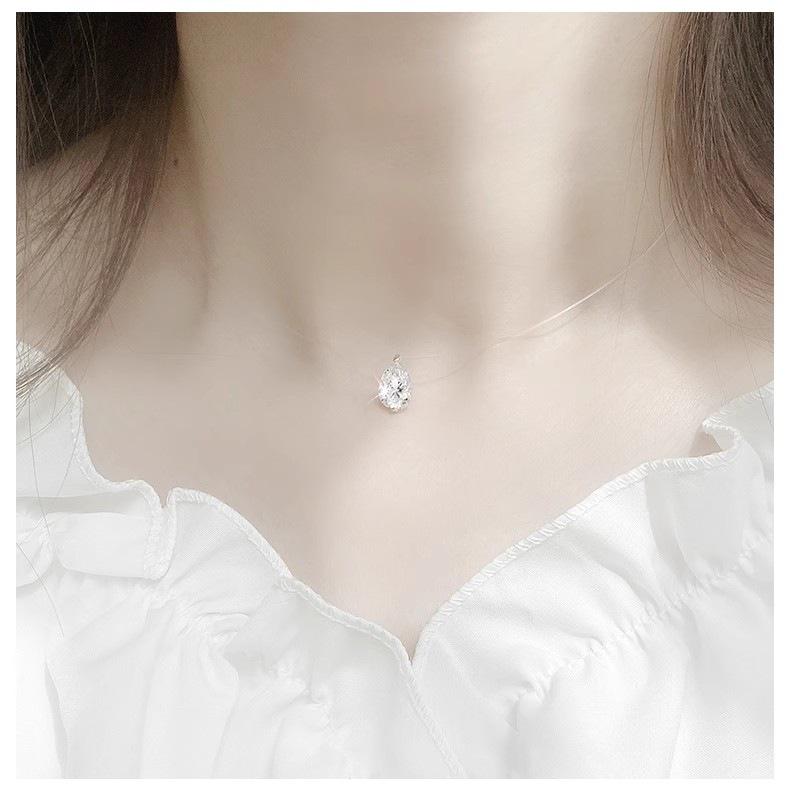 S925 Sterling Silver Invisible Clavicle Necklace with Elegant Mermaid's Tear Crystal Pendant.
