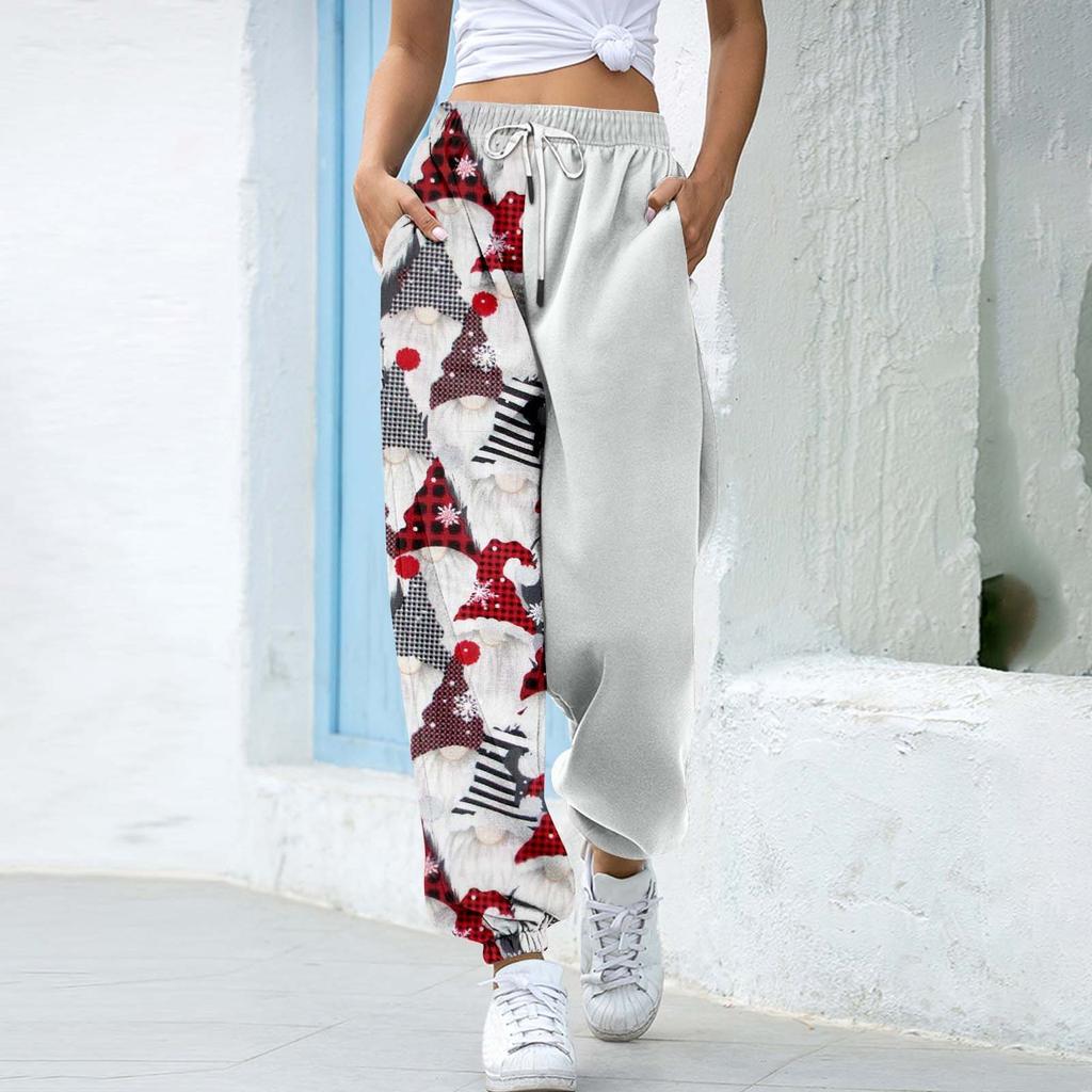 Women's Christmas  Print Casual Pants Drawstring Elastic Waist Drawstring Pants WIth Pockets