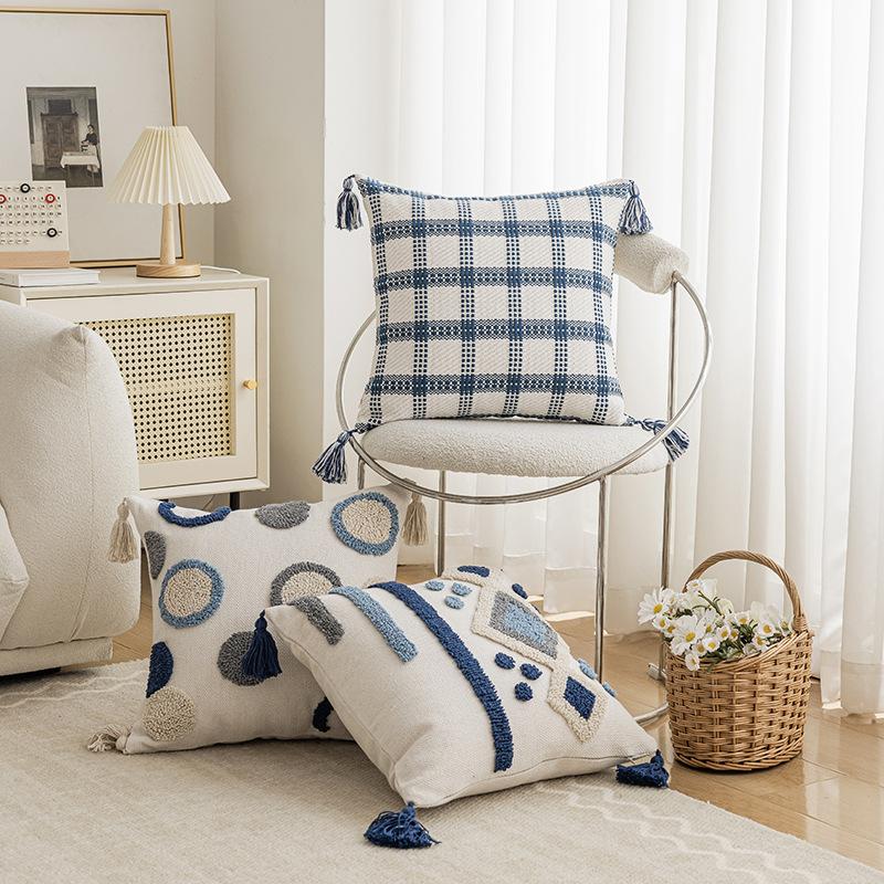 Blue Sofa Headboard Pillowcase Jacquard Embroidery Pillow Cover Cojines Decor Home Striped Polka Dot Tassel Cushion Covers 45X45