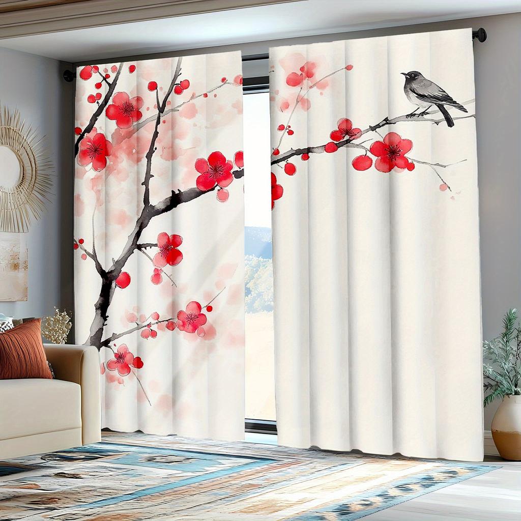 2 Pieces Elegant Plum Blossom Print Curtains, Polyester Fabric, Machine Washable, Suitable For Bedroom Living Room Decoration