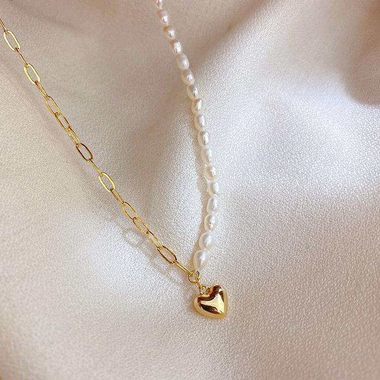 Temperament freshwater pearl metal love pendant necklace cold wind collarbone chain necklace