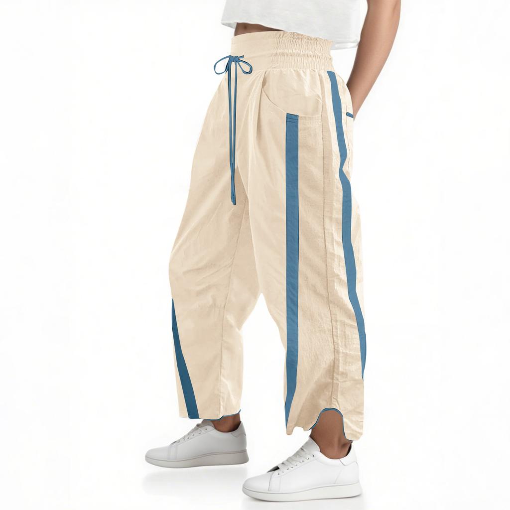 Women's Baggy Wide Leg Pants Casual Drawstring Elastic Waisted Contrast Color Workout Track Pants