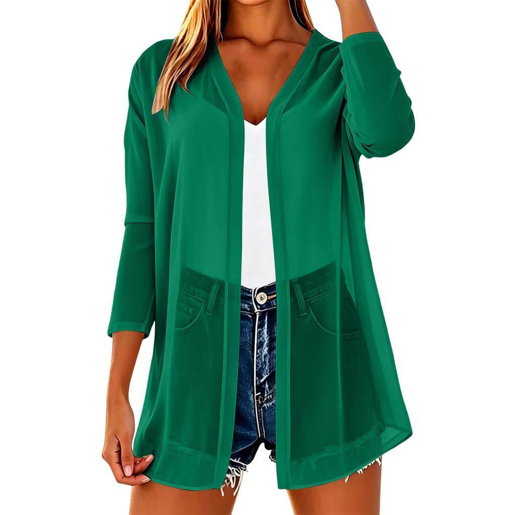 Women's Lightweight Chiffon Open Front Cardigan Three Quarter Sleeve Loose Fit Summer Outerwear Layering Top for Casual Wear