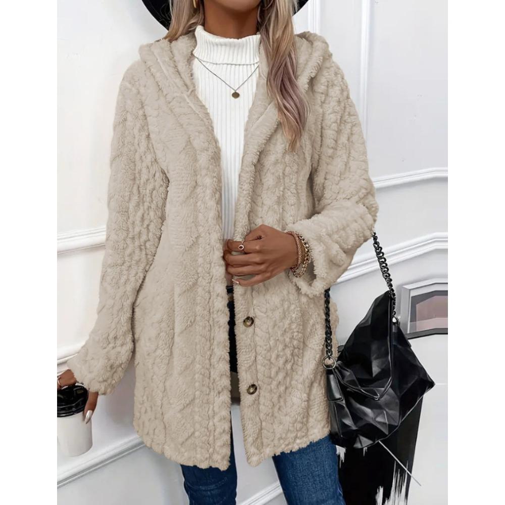 Women Hooded Fleece Mid Length Coat Open Front Button Decor Warm Casual Winter Outerwear