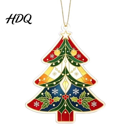 Artistic Window Flat Acrylic Display Accessory 2D Ornament Vintage Christmas Tree Stained Xmas Decoration Glass