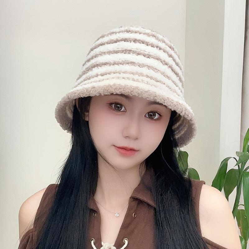 Knitted Bucket Hat for Women Autumn and Winter Korean Version Ins Face-showing Small Striped Fisherman Hat Casual Versatile Dome Wool Basin Hat