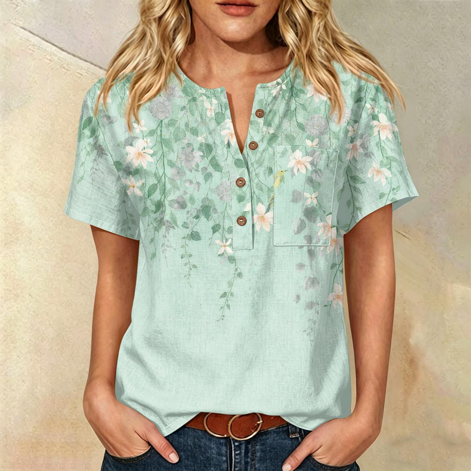 Women’s Short Sleeve Cotton Linen Shirt with Fashion Print Henley Button Neck and Chest Pocket Loose Fit Casual Top S зелёный