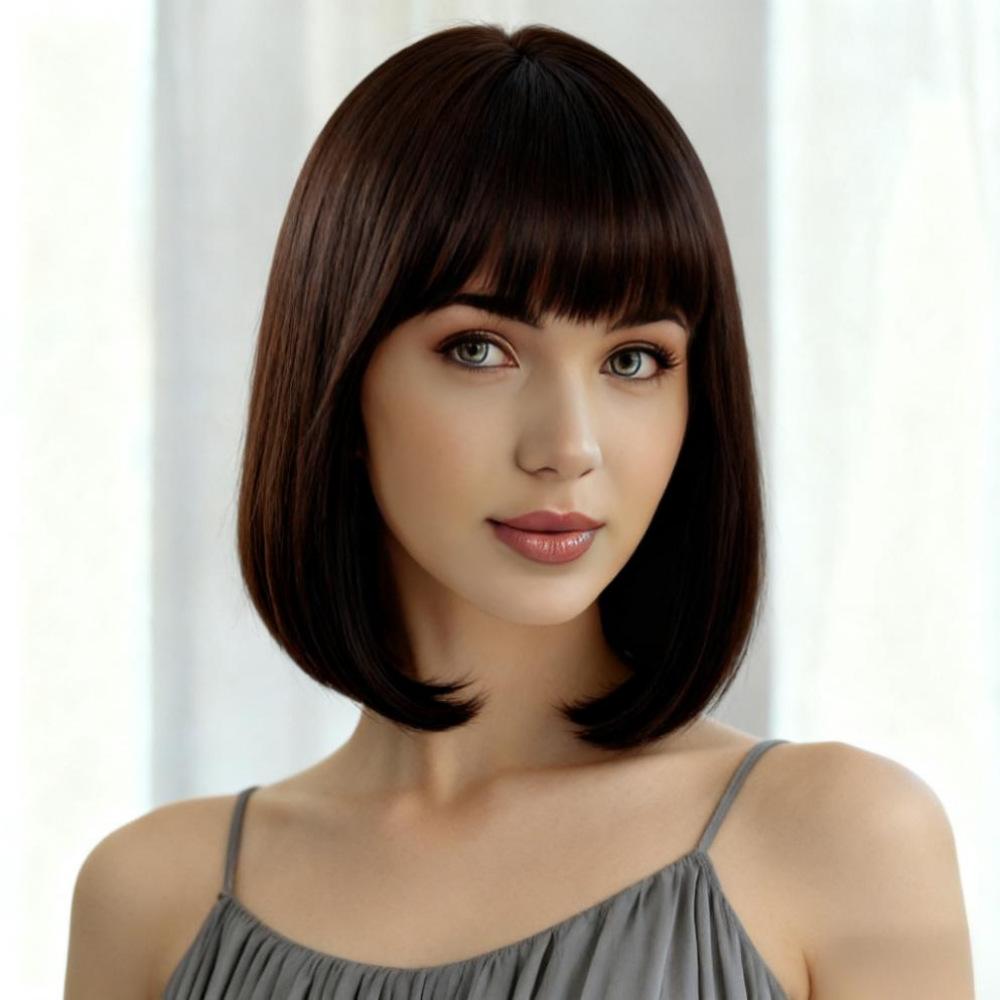 Synthetische kurze schwarzbraune blonde Perücken mit Pony für Damen, natürliche orange, pink, grau, gelbe Wellenhaare für tägliches Cosplay, Hochtemperaturfaser