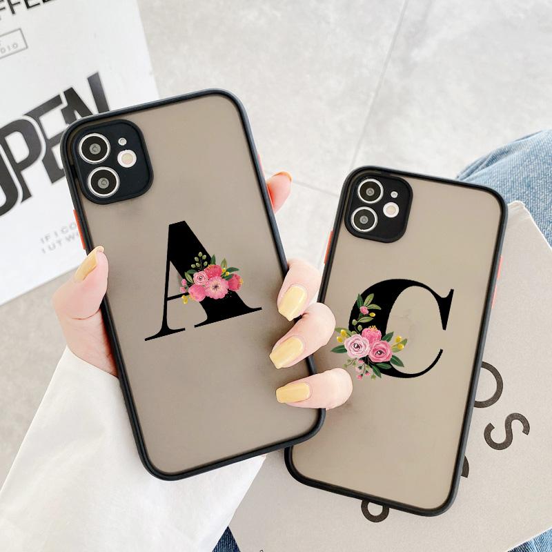 Black Letter Flower Matte Phone Case For iPhone 15 12 14 Pro Max Cases For iPhone 11 13 pro Back Cover fashion Shell Coque