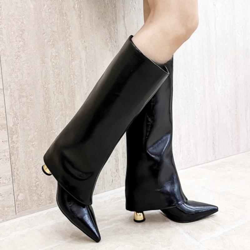 Fashion 2025 New French Square Toe Block Kid Heel Stretch White Thigh Boots