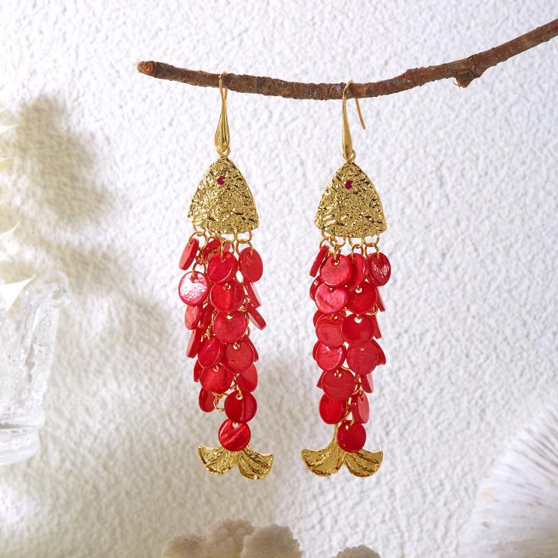 Bohemian Mediterranean Big Fish Earrings Shiny Shell Scale Statement Earrings for Women Daily Casual Wear