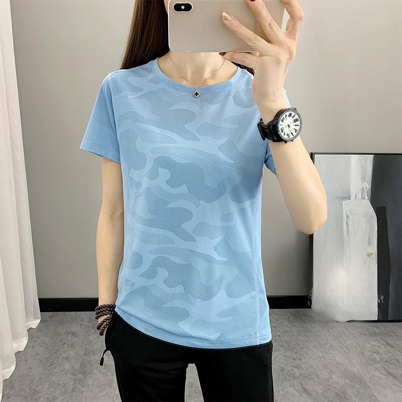 Women's Summer Yoga Slim Solid Colour Outdoor Sports Jacquard Quick Dry Round Neck T-Shirt