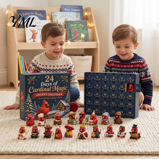 Christmas Desk Decor Red Bird Advent Calendar, 24 Unique Miniature Tree Hanging Ornaments Figurines, for Holiday Gifts Calendar Collectors
