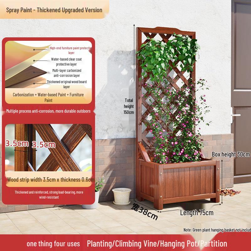 Carbonized Wooden Planter with Trellis: Outdoor Anticorrosive Flower Pot and Climbing Rack for Balcony or Garden.