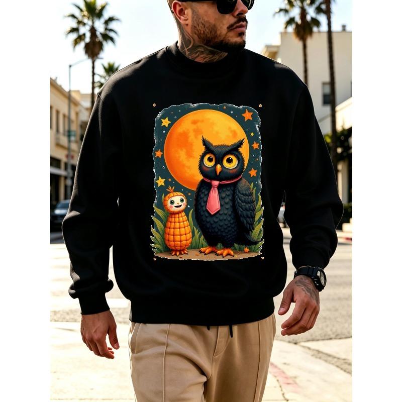 Men's Graphic Print Crew Neck Sweatshirt With Cute Owl And Orange Friend Under Full Moon Stars, Loose Fit Streetwear.