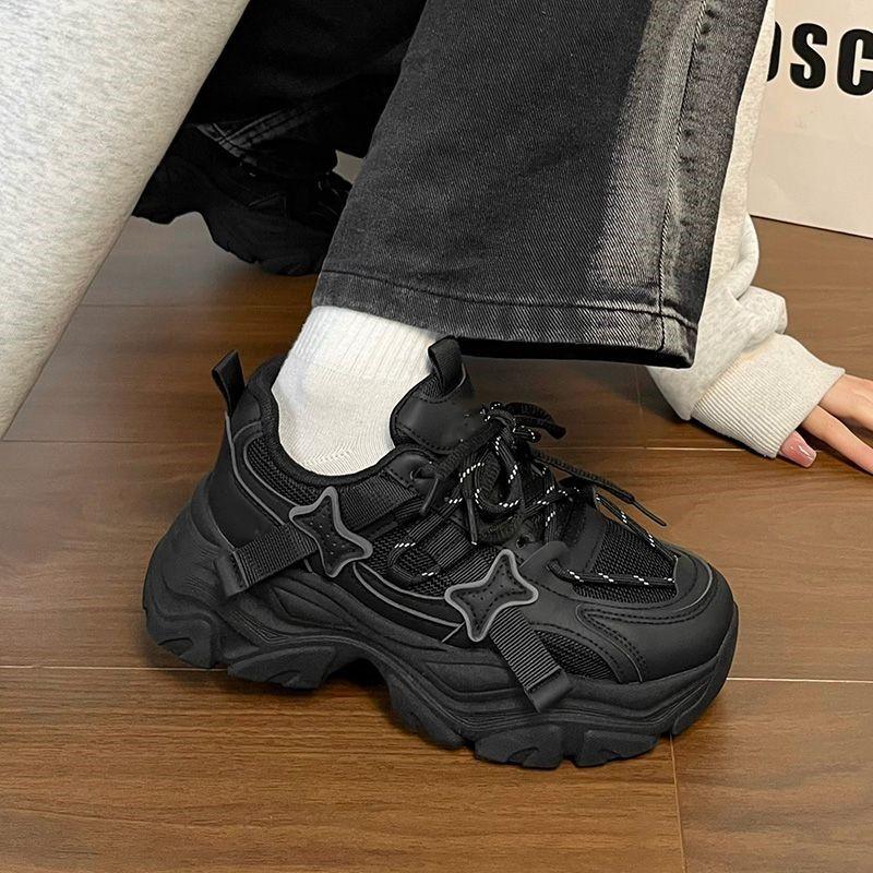 Thick-soled Heightening Dad Shoes Women's Autumn New Versatile Soft-soled Sweet and Cool Student Black Sneakers