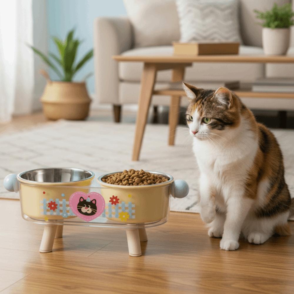 Stainless Steel Elevated Cat Bowl Double Bowls Anti-Tipping Neck Protection Bowl Cute Non-Slip Pet Food Bowl For Cats Dogs