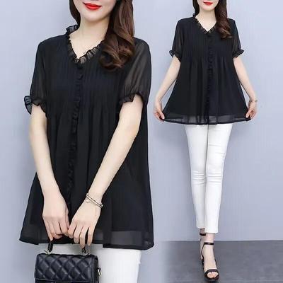 Chemise d'été ample en mousseline pour femme couvrant le ventre, couleur unie, à volants, longueur moyenne, grande taille