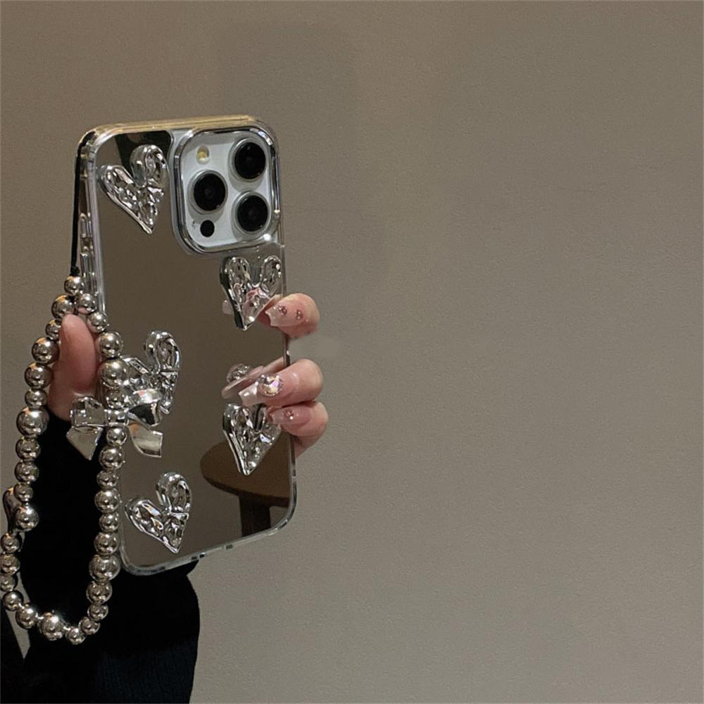 Luxury 3D Love Heart Silver Mirror Bracelet Case for iPhone 16 15 13 14 12 11 Pro Max 7 8 16 Plus X XS XR XS Max INS Back Cover