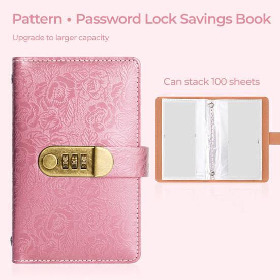 Financial Planning Notebook A6 Password Lock Cash Budget Organizer, PU Leather And Relief Cover, Security Binder 100 Pocket Savings Challenge Booklet