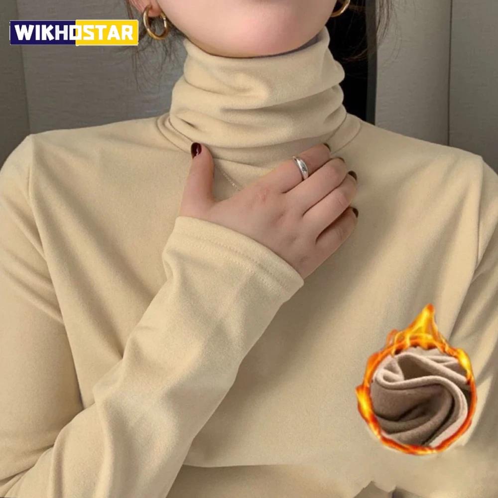 Women's Thermal Underwear High Collar Autumn Winter Thickening Solid Soft Long-sleeved T-shirt Pile Collar Warmer Tops For Women