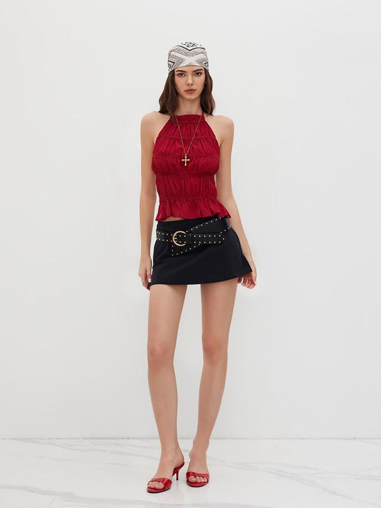 2026 Summer Solid Color Pleated Halter Neck Women's Open Back Lace-up Top