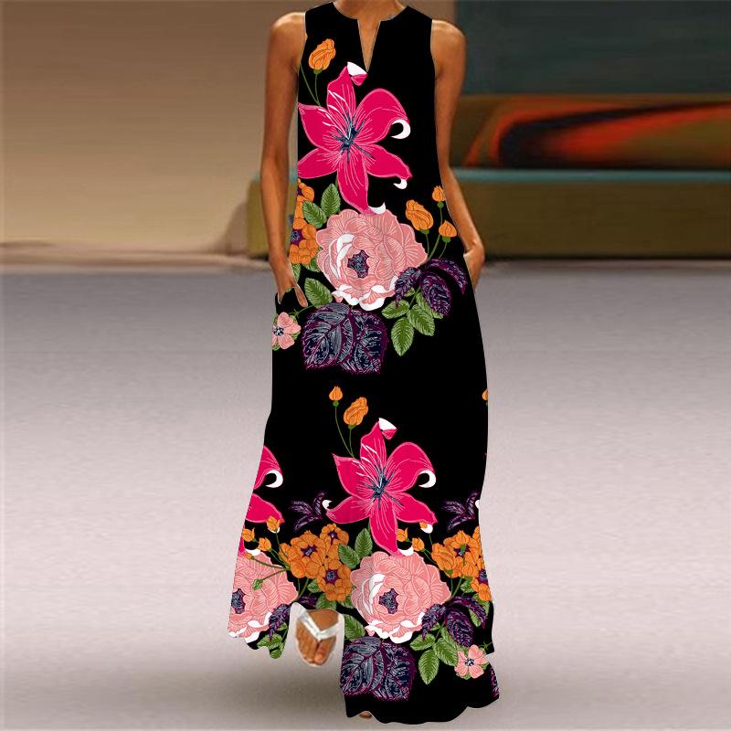 2024 Summer Retro V-Neck Multicolor Sleeveless Long Skirt Dress