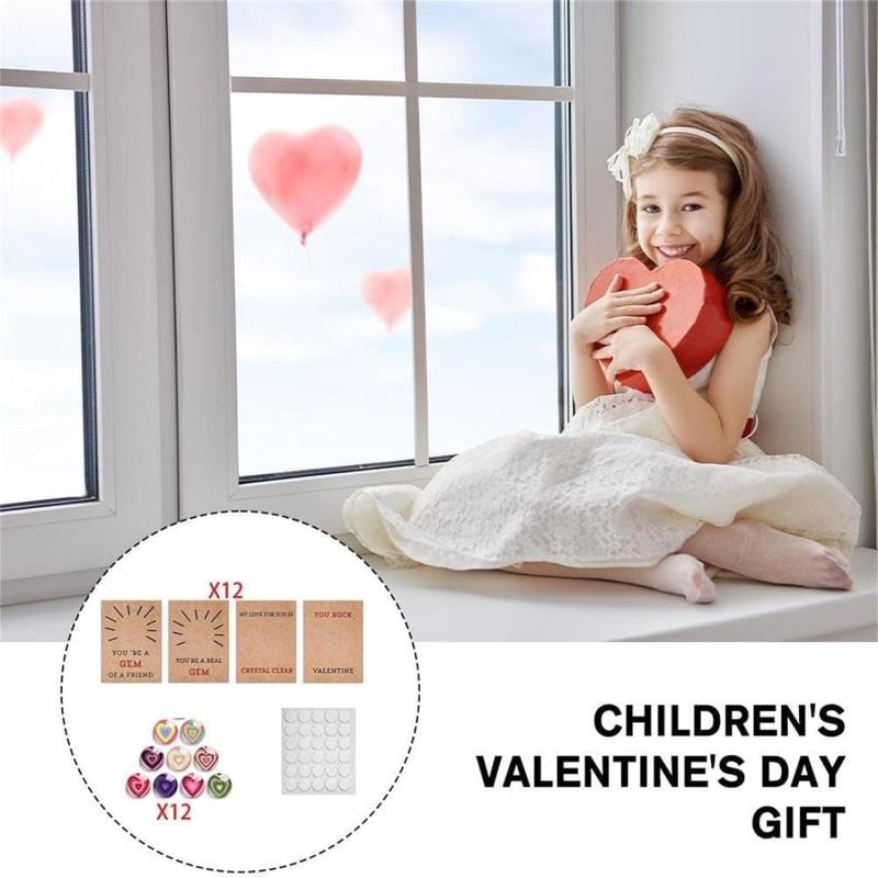 Valentines Day Gift for Kids 12 Pack Valentines Cards Heart-Shape Crystals Valentine Gift Boys Girls Toddlers School Party Favor