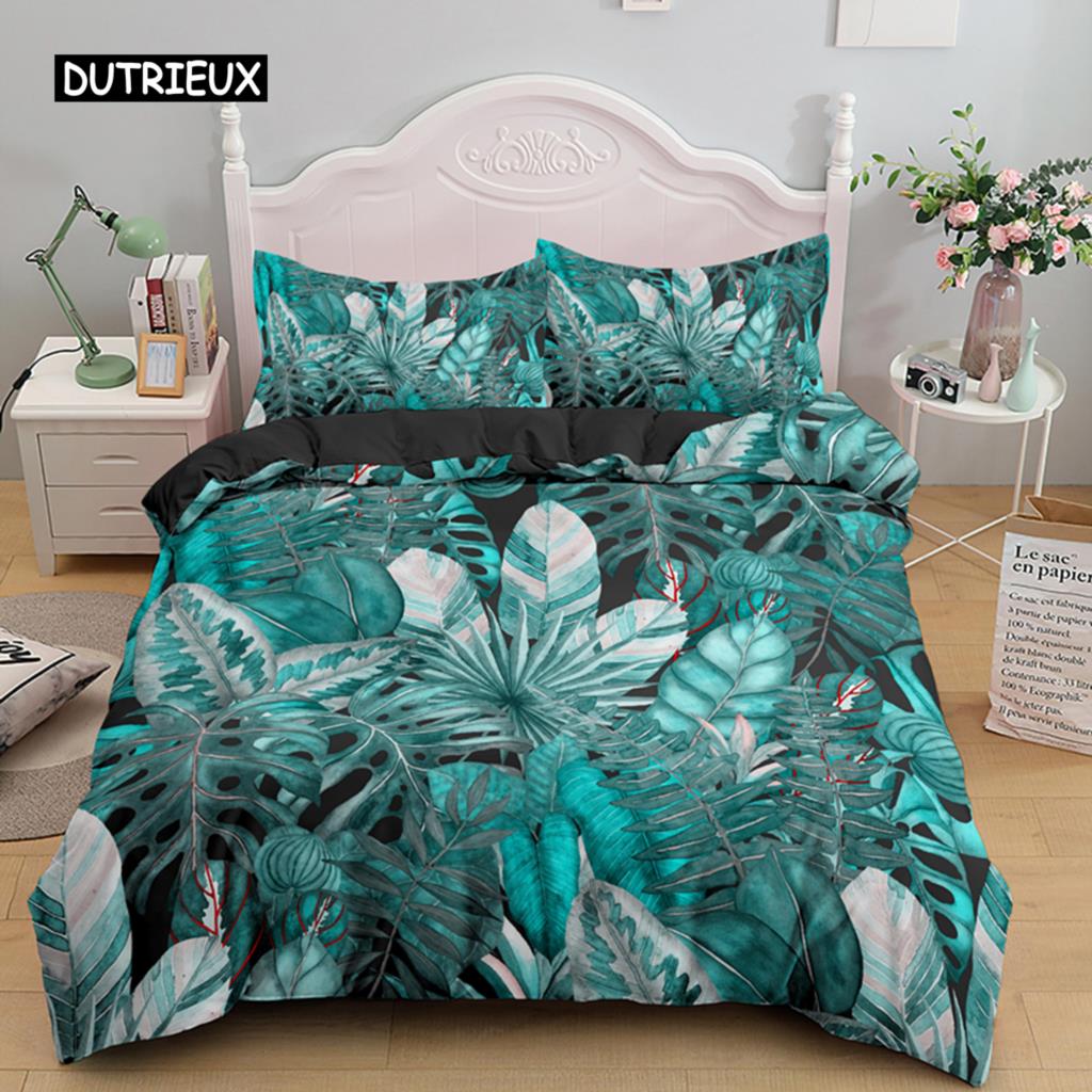 Tropiska Botaniska Blad Kung Drottning Påslakan Grön Palmblad Polyester Sängkläder Set för Barn Tonåringar Vuxna med Örngott