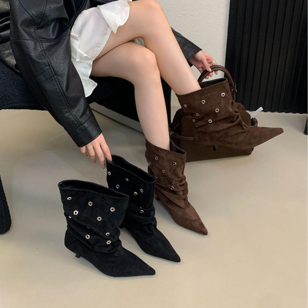 European and American fashion punk style riveted high-heeled short boots Spice Girls 2025 autumn and winter short tube pointed thin heel pleated p