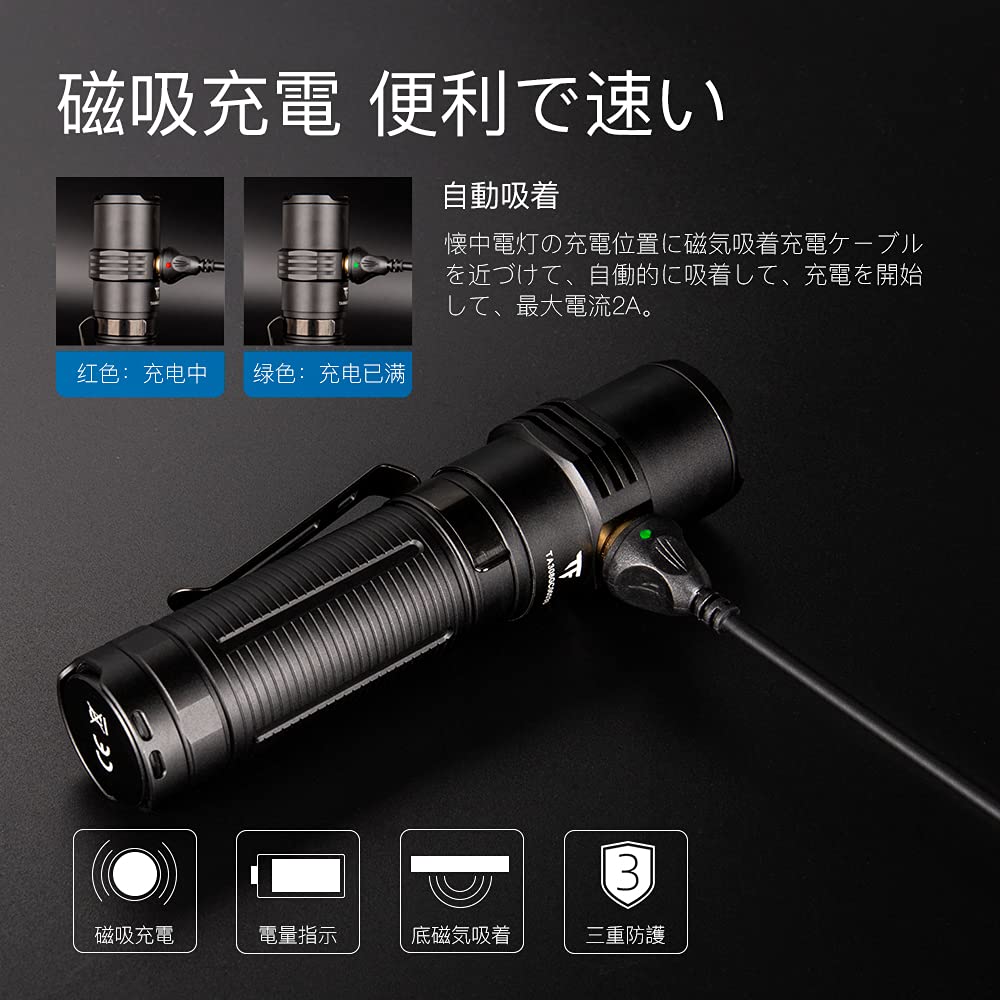 Trustfire EDC Magnetic Military 3300 362M IP68 Dustproof and Handheld Flashlight with Magnetic 1m Drop Battery Level Black Clip Ideal for Power Night