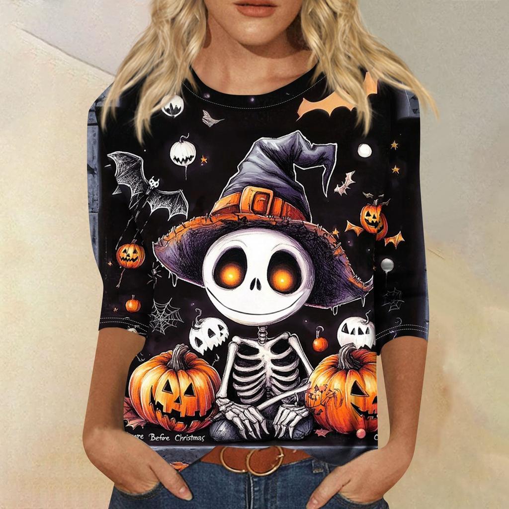 Women's Fashion Casual Three-quarter Sleeve Halloween Printed Round Neck Top