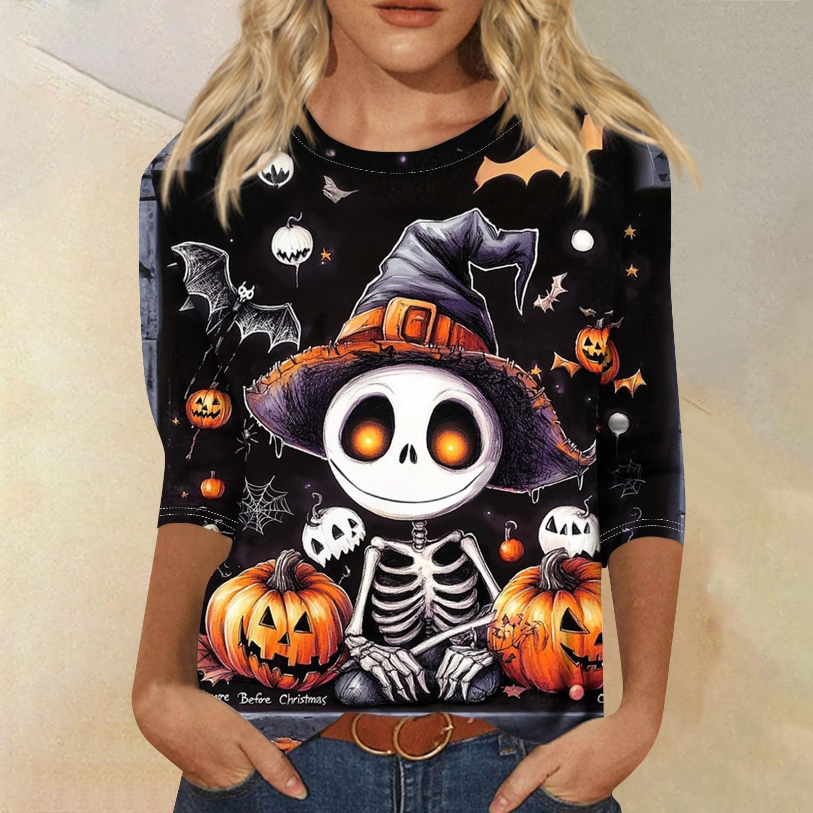 

Women s Fashion Casual Three-quarter Sleeve Halloween Printed Round Neck Top XXXL чорний