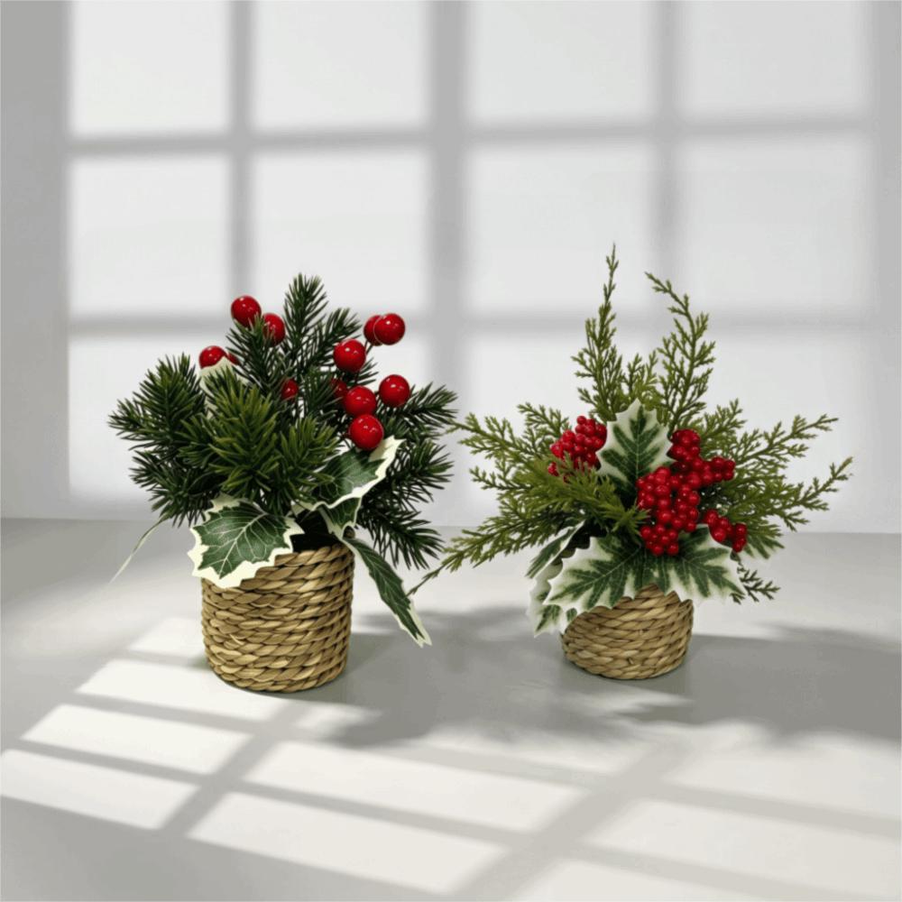Potted Faux Holly Pine Cone Ornament Woven Basket Christmas Mini Potted Plant  Xmas Tree