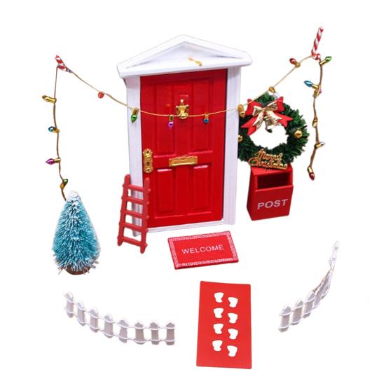 11Pcs Doll Houses Miniature Christmas Decor Set Plastic Tree Lights Wreath Mailbox Fairy Doors DIY Scene Kit Red Themed Accessories